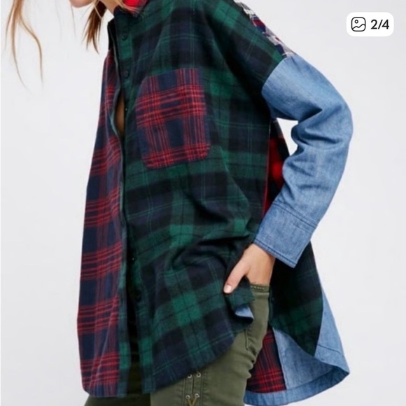 Free People Rainbow Rays Flannel Denim Button Down Shirt - Picture 2 of 8
